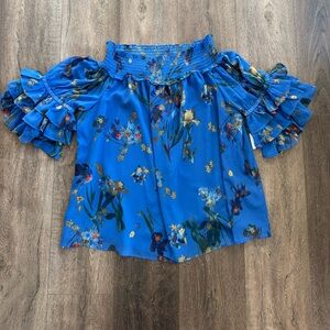 CeCe Blue Floral Ruffle Sleeve Blouse